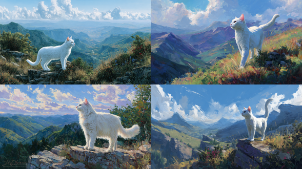 白猫立于古老山峦边缘，俯瞰红玫瑰山谷与青绿远峰，蓝天白云背景，猫尾轻摆微风，远眺神态宁静，周围植被茂密，远峰巍峨，逼真油画风格，高分辨率细节丰富，色彩饱满写实，广角镜头，侧光柔和，自然色调，静谧氛围，毛发细腻，光影层次分明，古典艺术质感。