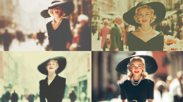 20世纪50年代复古时尚杂志封面，优雅金发女子全身照，黑色正装连衣裙配宽檐帽，珍珠项链，红唇微笑，柔和色彩，浅景深，柔焦效果，暖色调灯光，背景虚化的复古街道，插画风格，高对比度，颗粒感，怀旧氛围，优雅自信。