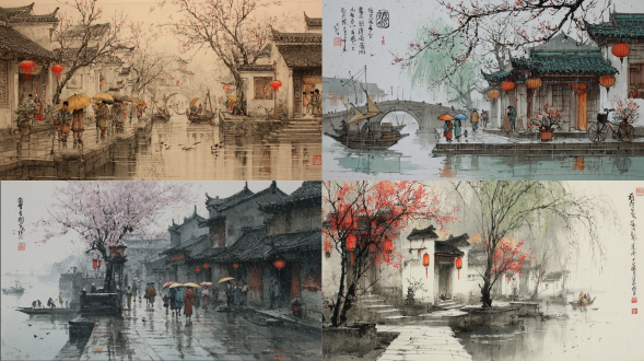 二十四节气——雨水，传统中国水墨画（非水彩），展现古代江南驿站春景，有斜织细雨、白雨滴落瓦片油纸伞、梅枝沾雨等细节，还有雨打青石板、河面波纹倒映马头墙红灯笼、老驿卒擦铃、少女过桥、老柳红梅、黑篷船、燕子白鹭、孩童接雨画字等元素，具分明墨色层次与工笔细节，暖古且充满烟雨生机。