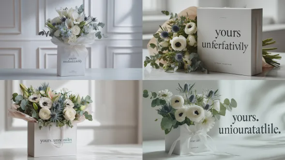 一张超写实工作室照片，呈现一束饱满繁茂的混合花束，包含白色花毛茛、带黑色花心的白色银莲花、淡蓝色蓟花以及长绿茎的柔软尤加利叶，松散包裹在 crisp matte 白色纸张中，并用细白缎带系好。花束垂直居中，花朵自然排列且稍探出包装，花茎延伸数英寸于下方。纸张干净规整，有柔和折痕。包装纸上用大写衬线字体印着“yours unfortunately”，文字以炭灰色亚光墨水微妙丝网印刷或手工 stamped，边缘轻微褪色且有纸张纹理，字体似轻吸收入纸张，用经典时尚社论风格细笔画高对比度衬线字体，无斜体无标点，直立均匀排列。背景是明亮干净白色画廊墙，阴影 minimal，工作室布光，艺术摄影风格。
