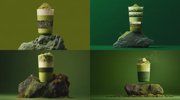 这种高端商业广告摄影风格为极简主义，主体是装在透明塑料杯、有抹茶绿与乳白色分层纹理的抹茶豆腐饮品，下方有抹茶绿岩石状物体，深绿背景，主体置岩石上，视觉冲击强，质感精致高端，色调以不同层次抹茶绿为主，搭配分层乳白色饮品，构图垂直中心，细节重透明杯、饮品分层及抹茶粉质感，背景纯色简单，饮品杯直立于岩石上方中心，岩石底部在画面底部