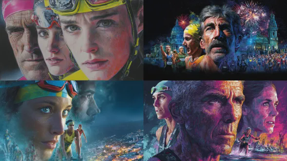 电影感夜间铁人三项海报，展现三位英勇的留尼汪岛铁人三项运动员（男女、不同年龄段），分层蒙太奇构图。含特写肖像、中央动作选手、背景庆祝姿势，场景融合多种元素，背景是圣保罗夜景，调色、风格等超写实。