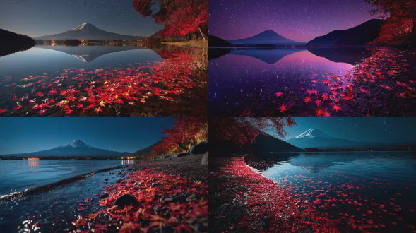 日本秋天夜景，富士山倒映波光粼粼的湖水，红色枫叶点缀岸边，高清超细节，长曝光，冷色调，星光点缀，广角镜头，低角度拍摄，宁静氛围，光影交错，湖面反射，微风吹拂枫叶，山体轮廓清晰，深邃夜空，高动态范围