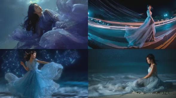 新月下的18岁亚洲少女漫步梦境与潮汐交汇处，飘逸银纱长裙，发丝缀星尘，闭眼微笑，指尖流淌音符，海浪泛起蓝宝石光芒，夜空中悬浮发光星座符号，柔焦光晕，魔法粒子，深蓝与紫罗兰渐变色调，长曝光，35mm镜头，低角度，动态模糊，梦幻，空灵，神秘，宁静，星辰轨迹光效