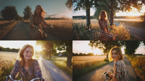 二十岁年轻女生坐在复古自行车上，日落时分，瑞典夏日风景，金发披肩，穿着碎花连衣裙，微笑放松，乡村小路，麦田背景，温暖阳光，柔和色调，广角镜头，逆光，胶片质感，怀旧风格，宁静氛围，浅景深，自然光，微风轻拂，树影斑驳，田园诗意。