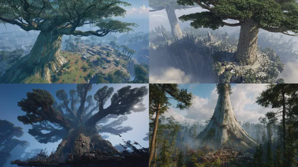 一棵巨大的古老世界树高耸数千米，树冠没入大气阴霾；树皮纹理超精细，粗大树干似垂直山峦。相机远拉展现磅礴规模，微小人类突变体定居点融入树下部根与平台，有众多微型栖息地等。人类突变体身形极小如蚁，具适应特征与相关装备，部分人搞生物实验室等。有轻雾、体积光，阳光透过巨枝，大气透视增规模，是扎实生物科幻风，虚幻引擎5写实，规模对比强。