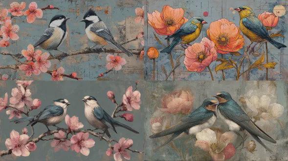 复古风格的油画，描绘两只鸟儿在花朵上，复古背景带有桃花元素且呈现灰蓝色调。