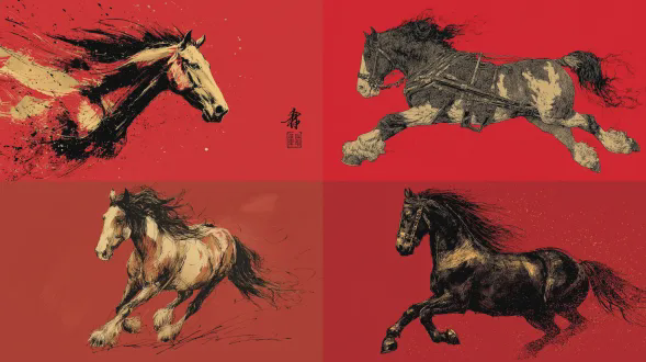 一幅动态的金色墨水绘制的小跑克莱兹代尔马侧视图，带有大胆的水墨画笔触、高对比度的黑色墨水填充以及红色背景上精致的书法线条重量变化