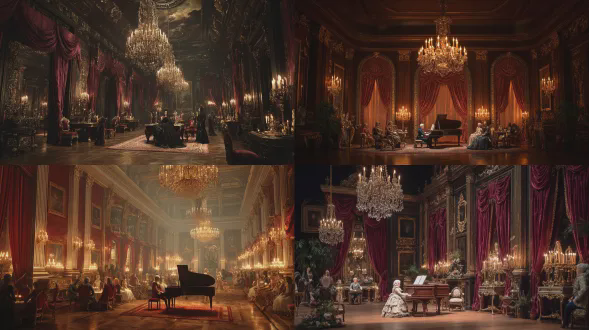 一张超写实、细节极致的场景，展现一座类似圣詹姆斯宫的雄伟18世纪英国宫殿大厅。宏伟大厅有深红色天鹅绒窗帘、带金色装饰的厚重木质镶板、华丽重型家具，氛围庄严尊贵。大型水晶吊灯与烛光投射温暖高光，6岁莫扎特弹古钢琴，着奢华巴洛克装，国王王后及贵族环绕，利奥波德