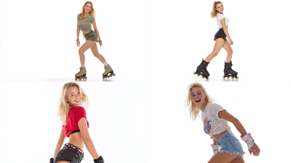 二十多岁的活泼、精力充沛且俏皮女孩，有着金发和雀斑，身着t恤与短裤，正快速滑旱冰，朝着一个方向却回头，面带有趣表情，微笑。白色背景下的全身照，避开镜头。