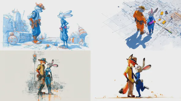 尼克怀尔德与朱迪·霍普斯动态互动场景的概念蓝图草图，纯白色背景下呈戏剧性广角视角。中央3d渲染中，尼克·怀尔德身着定制橙色动物城西装及破旧棕色皮革侦探帽，与身着整洁蓝色动物城警察制服、配有霓虹粉色实用腰带的朱迪·霍普斯肩并肩，旁有雨水湿滑的动物城 downtown 小巷入口及发光霓虹碎片。周边有尼克腰带里的冰棍模具、朱迪带兔子耳把的警棍等，还有带规格和操作笔记的对讲机，及带路线的案件地图等道具。钢笔水彩风，墨线粗，色彩对比强。