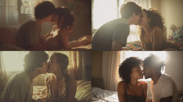 年轻情侣接吻，自然光线，柔和色调，温馨卧室，现代简约风格，广角镜头，浅景深，近距离特写，男人穿宽松t恤，女人穿吊带裙，双手相握，闭眼深情，充满爱意，散落枕头，窗外阳光，浪漫氛围，生活感，真实情感。