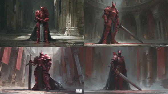 一个受《 solo leveling 》中伊格里斯启发的高耸血红装甲骑士，全身照立于破败黑暗城堡大厅中央，身披厚重带锋利边缘与复杂符文的深红色板甲，头盔内红光闪烁的眼睛，飘扬着的破旧黑披风，插地的巨大大剑，脚下旋动的黑影，棱角分明头盔配红色羽毛饰，超写实真人风，电影布光，金属反射细腻，有微弱灰尘，氛围戏剧，8k高细节