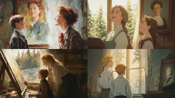 在一个天花板低矮但充满阳光的卧室里，一扇打开的窗户，窗框边有一排松树，一位18岁的加拿大红发教师和一个11岁男孩站着，欣赏墙上挂着的一位美丽美国女性的画像。他们的脸在19世纪晚期的午后阳光下都洋溢着喜悦和明亮。