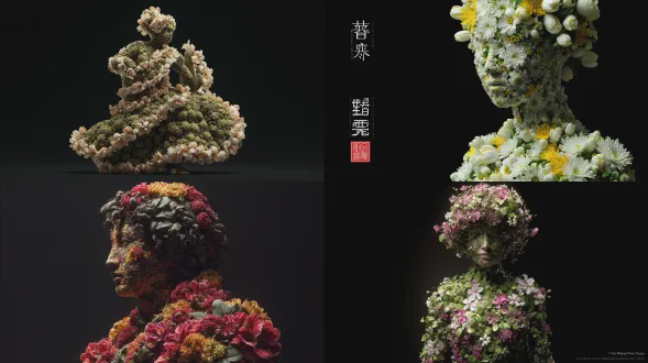 超写实女性战士形象，全由茂密野花构成，具极度花卉结构，身材矮小，比例受兵马俑启发但被茉莉花、郁金香花瓣及叶子花簇完全取代，繁茂花朵构成所有解剖特征。卷曲“头发”由紧密排列的茉莉与叶子花组成，躯干四肢由厚重重叠花瓣茎构成，色彩鲜艳自然，花朵纹理高度逼真。立于纯黑背景前，有戏剧性巴洛克灯光、强烈明暗对比，具博物馆摄影氛围，深影增强花卉体积，无他物文字，无超现实扭曲。