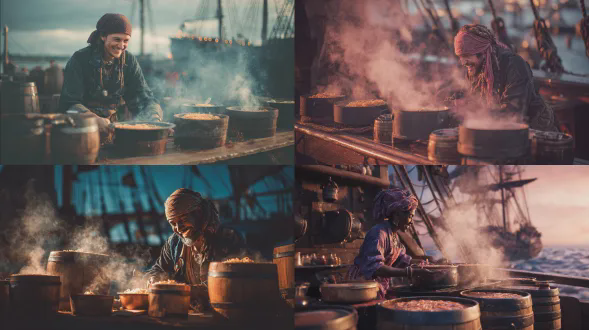 海盗厨师在甲板上煮面条，木桶和铁锅，烟雾缭绕，黄昏光线，帆船背景，海盗装束头巾围裙，咧嘴笑，粗糙皮肤，动态构图，蒸汽和香料，橙红色调，35mm镜头，浅景深，电影质感，暖光，波涛起伏，轻松幽默。