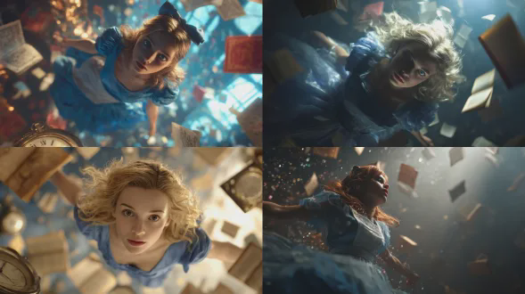 爱丽丝梦游仙境，坠落于天空中，周围环绕着漂浮的书籍与时钟，是采用电影镜头拍摄的场景，身着蓝色连衣裙，光线柔和且有体积光，低角度拍摄，超写实，皮肤、头发和眼睛细节精致，具备电影摄影的光线、场景与色彩效果，有浅景深，使用广角镜头、f/4光圈、iso 200、1/583秒快门速度