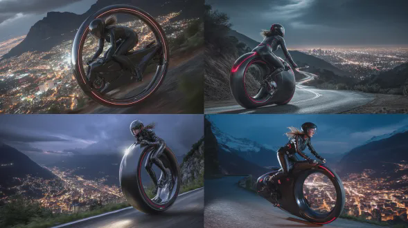 超写实且高度精细的图像，一位美丽的运动型年轻女子骑着意大利设计的未来感激进单轮竞赛自行车，单个直径2米的陀螺稳定碳纤维单轮，无第二个轮子，光滑黑色哑光配红色装饰，有锋利棱角的空气动力学整流罩，巨大轮子内的流线型骑手舱，暴露高科技陀螺机制与悬架，led前灯，夜晚在蜿蜒高山路上动态倾斜过弯，她着合身黑色皮革赛车服、头盔等，头发被风吹，俯瞰下方深谷中 sprawling的 vibrant城市灯光、摩天大楼等，黑暗星空、朦胧山峰，戏剧性电影布光、体积光神 rays，高对比，超锐利焦点与精细纹理，8k超写实如专业单反