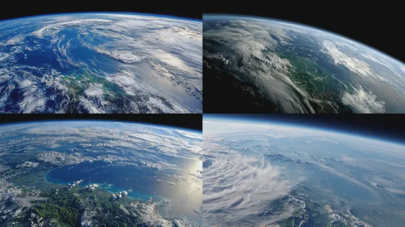 太空中地球的迷人景色，展示出充满活力的绿色大陆和广阔的深蓝色海洋。白色的云涡轻轻掠过表面，柔和的阳光凸显行星的自然色彩和优美曲线。这一场景捕捉到漂浮在宇宙黑暗广阔空间中的宁静、纯净且美丽自然的地球