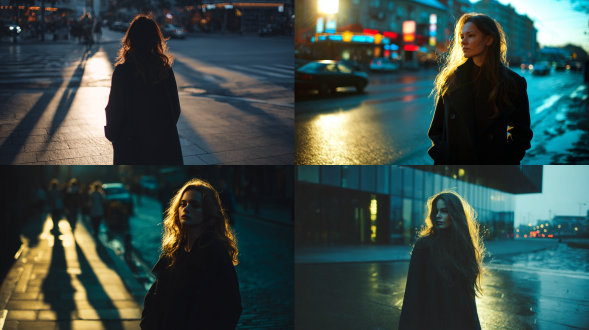 女子与相反方向的影子，城市街道黄昏场景，现代风格，忧郁表情，飘逸长发，深色风衣，高对比度，长阴影，广角镜头，冷色调，低角度拍摄，动态模糊，孤独感，剪影效果，霓虹灯光，湿漉地面反射，电影质感，低饱和度，神秘氛围。
