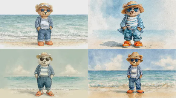 一只站在海滩上的婴儿泰迪熊，水彩画风格，绘本艺术风格，柔和的柔和色调，戴着太阳镜，戴着草帽，穿着蓝白横条纹t恤和蓝白竖条纹衬衫，卷起的蓝色牛仔裤和橙色人字拖，双手插在牛仔裤口袋里，面带微笑