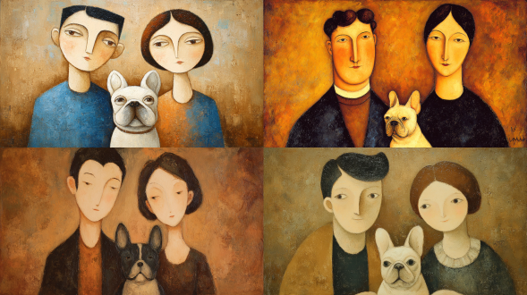 "中年亚洲夫妇与法国斗牛犬，莫迪利亚尼风格，细长脸型，杏仁眼，柔和曲线，简约背景，暖棕色调，扁平化笔触，优雅慵懒，斗牛犬坐姿憨厚，油画质感，柔和光影，装饰性构图，情感温馨，和谐统一"