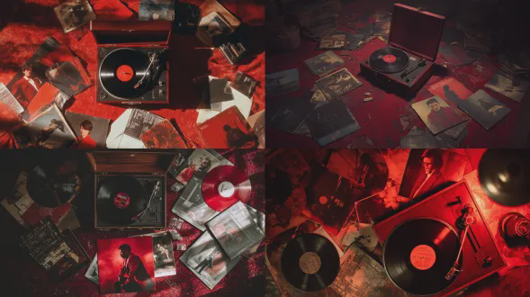 俯拍视角，高角度视图，地板上放置着一台复古黑胶唱片机，仅被散落的黑胶唱片环绕，复古专辑封面 featuring 穿着红色衣服的男士，怀旧的模拟音乐纪念品，深红色 distressed 纹理背景，戏剧性的红色织物背景，电影灯光，忧郁神秘的氛围，强烈的红色调色板，真实的阴影，模拟时代的怀旧感，80年代-90年代复古美学，场景由3d建模软件构建，3d渲染，高度详细，照片级真实风格，电影颗粒，磨损的纹理，编辑摄影风格，丰富的深度和故意杂乱的构图