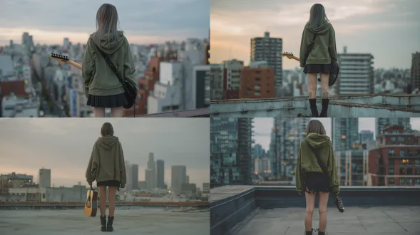 一位日本女性从背后，站在屋顶上，身着橄榄绿连帽衫、黑色迷你裙与黑色靴子，长灰棕色直发，身姿纤细，一手持电吉他，屋顶有风，背景是城市建筑，傍晚光线柔和，真实摄影呈全身照，构图干净，不露脸无配饰，姿态自然