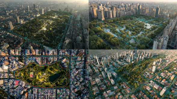 城市街区的电影航拍视角，中心有一大片绿色公园。树木沐浴着柔和的金色光线，边缘环绕着高楼大厦。细青色线条勾勒出环绕公园的市政网络（水、卫生、能源、光纤）。最少的发光节点，带有微妙的gis风格，优雅且整洁。具有丹久风格氛围，采用霍伊特/迪金斯式照明。