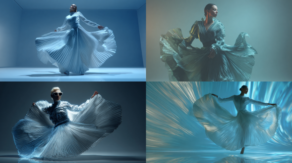 女时装设计师在空中立刻成型设计服装，未来感，悬浮姿态，动态褶皱，高科技面料，双手操控光效，全息投影，柔和冷色调，长焦镜头，浅景深，柔光，流畅线条，自信表情，优雅手势，极简背景，超现实主义，玻璃反射效果，半透明质感，流动光影