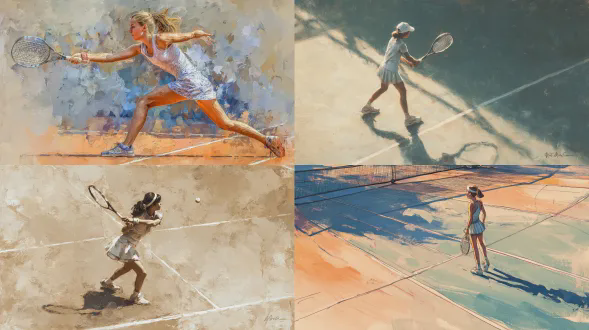 一位年轻女性网球运动员以富有表现力的艺术风格捕捉在大球场上，竞技场的宽视野，柔和的自然光，质感的笔触，细微的颗粒，温暖的土色调，通过流畅的线条表达动态运动，略带抽象的诠释，专注于情感和氛围而非写实，球场线条轻柔地融入绘画般的背景，手工绘制插画的感觉，受经典体育绘画启发，苹果风格美学，高端商业摄影，8k，hdr，无文本，无水印