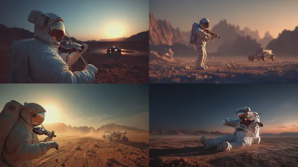 宇航员在火星红色沙漠演奏小提琴，身穿白色太空服，头盔反光，神情专注，远处有火星车和陨石坑，黄昏天空，橙色与深蓝渐变，戏剧性光线，广角镜头，动态模糊，孤独感，科技感，史诗感，暖色调，细腻纹理，高对比度，侧光，慢快门，尘埃漂浮，艺术感，震撼人心