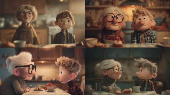 老妇人与孙子坐在厨房，黏土木偶动画风格，温暖色调，对角构图，奶奶戴圆框眼镜穿针织衫，男孩穿格子衬衫，餐桌上有茶杯与点心，柔和顶光，特写镜头，手机屏幕微光，表情温馨，粘土质感，高饱和度，柔焦背景，舒适氛围