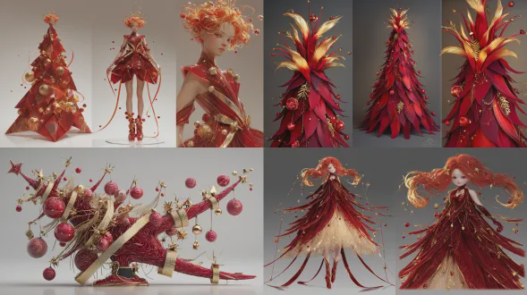 具有拟人化特征的红色圣诞树儿童，呈现出火焰与热情风格。全身拟人化的圣诞树儿童有着奢华的深红色身躯，形似火焰与激情。树的树枝构成优雅的三角形轮廓，带有从深红到亮 crimson 的渐变。树枝装饰有金色丝带、红色球形饰品、闪耀的水晶及几何图案。儿童的裙子短且轻盈，由带闪亮金线的半透明材质制成，营造出炽热又魔幻的效果。儿童的头发呈炽热动态造型，有金色高光，发丝间编织着小金夹或水晶。儿童穿着带金色 accents 的红色水晶鞋靴，似火焰般闪耀。背景为中性色以凸显角色。整体风格是具奢华、热情与节日感的3d皮克斯动画风格