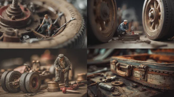 破旧行李箱轮子内的微型维修站，微小机械工检查橡胶胎面与轴承，真实磨损细节，柔和中性灯光，清晰焦点，微距镜头，工业风格，生锈金属与老化橡胶材质，冷色调，专注表情，工具散落，精细纹理，低角度拍摄，环境光，写实主义
