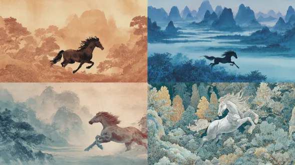 奔腾的马，传统中国山水画，唐代风格，极简主义，桂林背景，层层森林，亮丽色彩，细致笔法，新中式风格，中国美学，水墨渲染，淡雅色调，流畅线条，动态构图，远山近水，意境深远，自然和谐，优雅动感，传统与现代融合，艺术感强烈