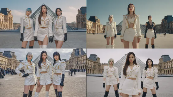 巴黎卢浮宫博物馆露天庭院中，三位迷人的韩国女偶像自信摆姿的超写实8k电影级照片。她们身着受现代军事设计启发的配套时尚白色表演服：带金色饰边的短款夹克、开叉大胆的高腰裙和凸显紧实腹部的修身上衣。三人呈有力的三角队形：一位偶像清晰站在前排做焦点，两位偶像稍靠后站在左右，形成强调平衡与气场的强烈三角构图。前排偶像留棕色长直发，戴光滑项圈，配高开叉裙和白色长靴，直视镜头，表情有魅力且具掌控力，稳固整个构图。其左侧偶像染有末端呈蓝绿色的银色长发，搭配及膝黑色长靴和手套，姿态自信且前卫，增添对比与视觉张力。其右侧偶像头发 sleek 乌黑，穿较短裙摆和中筒靴，目光沉稳却有力量，展现可控的力量与优雅。背景是卢浮宫庭院，标志性玻璃金字塔在身后，现代几何玻璃结构与古典宫殿建筑形成对比，背景可识别但居次要位置，框住群体不喧宾夺主。自然日光充盈露天庭院，在石地和玻璃表面营造清晰阴影与真实反射。远处隐约有游客，增添比例与真实感，同时让偶像成清晰焦点。三人队形显沉稳、精英且具全球性，仿佛高影响力韩流组合悄然占据世界最著名文化地标之一。图像以电影纪录片风格拍摄，具真实光线、锐利纹理和自然景深，突出个体同时保留场所精致氛围