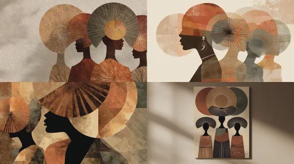 现代非洲中心主义极简主义精美艺术版画，黑色女性的抽象剪影，无面部特征，温暖的大地色调调色板（赤陶色、粘土色、沙色、褐色、柔和橄榄色），平衡的几何构图，圆形太阳图案，负空间，柔软的亚光纸质感，当代室内设计墙面艺术，博物馆级的微喷效果。还有三个从背后看的女性，头顶有类似阳伞的圆形