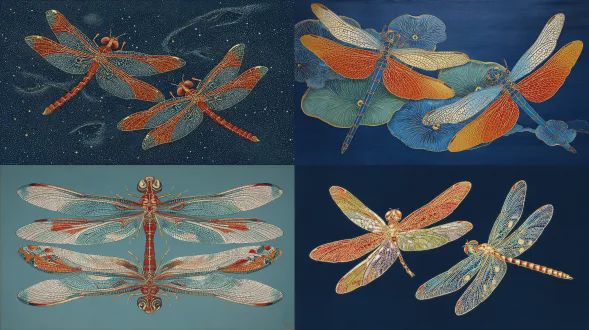 一对蜻蜓，极为细致，于天空中飞翔，以细致的笔触描绘在蓝色纸张上，营造出深度之感。色彩包含橙红色、蓝色、绿色、白色点缀、金色细节，构图包含阴阳符号。此艺术作品受歌川国芳风格启发，该风格以复杂的插图和细致的角色设计著称，采用传统日本水彩技法创作