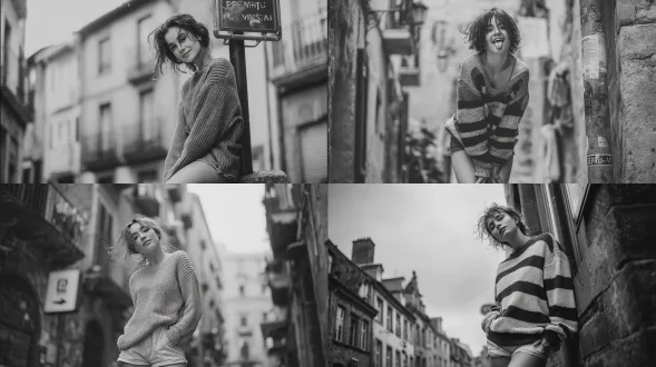 超写实黑白真人街拍，年轻女子俏皮挂欧洲窄街街牌杆，全身像，宽松条纹毛衣配短裤，头发凌乱飘侧，背景老建筑，路面微湿，电影自然光，高对比单色，模拟35mm胶片，细微颗粒，徕卡拍摄，主体清晰背景柔，无卡通插画绘画