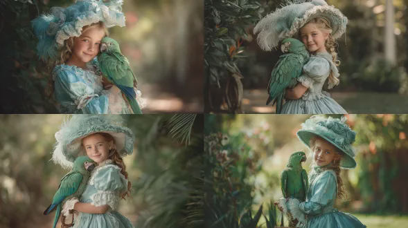 9岁女孩穿着浅蓝色维多利亚风格连衣裙，抱着大绿松石色鸟，鸟坐在帽子上，童话风格，柔焦效果，梦幻花园背景，浅色调，自然光，长镜头，细腻纹理，飘逸裙摆，微笑表情，羽毛细节，柔和阴影，清新色彩，宁静氛围
