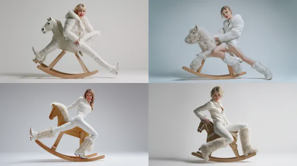 超写实时尚编辑风摄影，年轻白人女模特跨坐儿童比例木制小摇马，轻摇后仰姿态，纯白修身装搭配白毛皮牛仔靴，简洁雪白背景，低角度拍摄，定格动态瞬间，高对比度，硬光，广角镜头，高速快门，冷色调，优雅自信，极简主义，服装细节突出，皮革反光，模特金发碧眼，红唇微笑