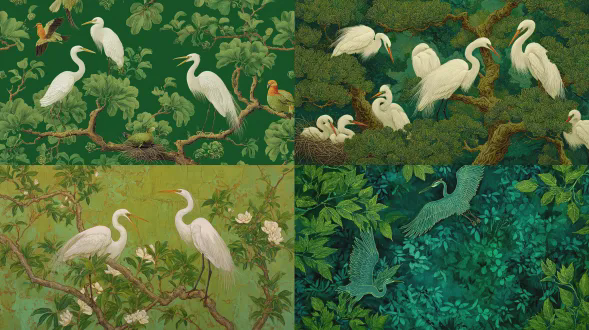 中式风格艺术作品，以绿色为主色调，白鹭、古树、绿色树枝，特写镜头，不同栖息姿态，自然构图，沉着、宁静、翠绿 foliage 背景，不同密度、树叶纹理、层次感、深度，柔和酸橙绿、浓郁祖母绿、 vibrant 色彩变化