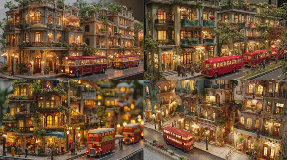 迷你模型风格，小镇街道，复古分层建筑，分散的建筑，带有暖黄色灯光的窗户，阳台和屋顶布满花草，旁边有花店，街道上有红色复古巴士和行人，整体氛围温暖治愈，细节丰富精致，柔和温暖色调光影，高清3d渲染，8k