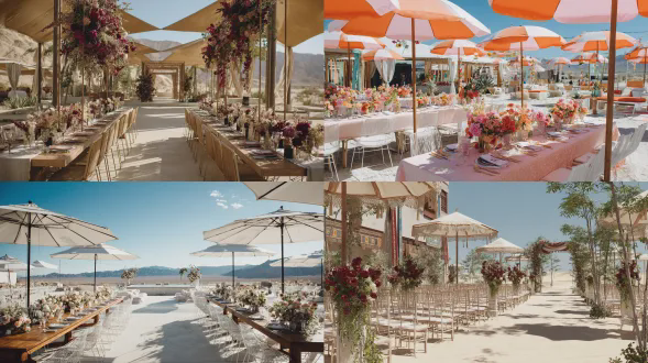 一场庄严的婚礼仪式在宁静的沙漠中举行，周围有许多长长的透明桌子和现代椅子。桌子上有大胆的花卉布置。桌子上方有大伞。场地角落摆放着带伞的太阳床。入口处有现代大胆的装饰垂下。地板上有地毯。超细节。高分辨率