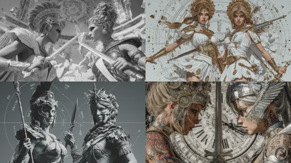 两位希腊智慧女神雅典娜面对面戏剧性对峙，从头到脚全身视角，镜像构图。一位雅典娜平静沉着，神情宁静，自信平衡的姿态，手持静止的长矛；另一位雅典娜凶猛愤怒，目光锐利，攻击性姿势，手持举起的剑准备战斗，周围有几何形状、罗马数字、星座、神圣几何、古代神庙废墟、手写文字纹理，超细节、逼真阴影、平滑渐变、清晰线条、高对比度，半袖纹身构图，神话现实主义，8k