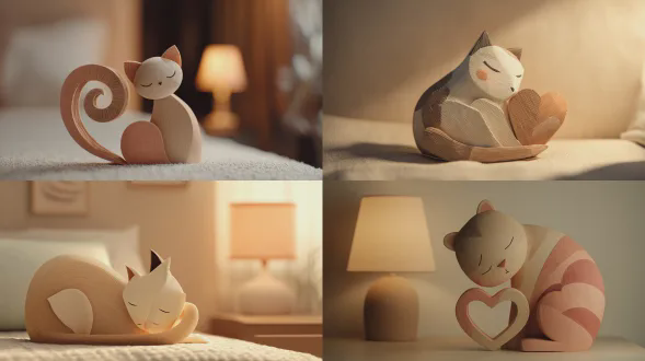 折纸风格的睡猫蜷缩姿势，爱心尾巴环，柔和米色与腮红，简洁线条，微妙纹理，柔光床头灯，温暖宁静氛围，低对比度，平面设计感，浅景深，温馨舒适，温馨色调，极简构图，二维动画风格，柔和阴影