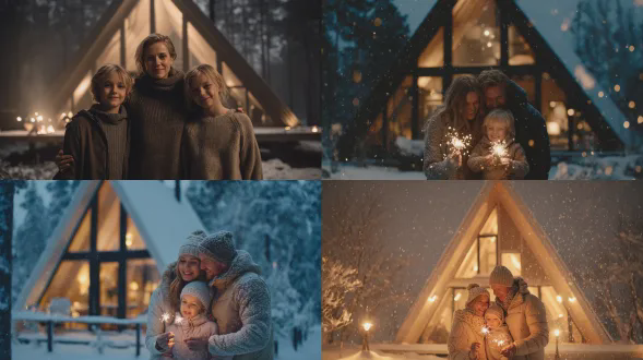 一个有一个孩子的幸福家庭庆祝新年，中景，腰部以上，家人紧紧站在一起，小比例主体，主体尺寸缩小，中心构图，主体周围有大的空白空间，主体仅占据画面宽度的中间60%，对称姿势，平静的手势，手靠近身体，拿着靠近胸部的小烟火棒，很少的火花，微笑，温暖的节日情绪，斯堪的纳维亚冬季风格，优雅舒适的冬装，现代a型木屋生活方式，电影般的冬夜，超写实，高细节，人物上有柔和的主光和微妙的轮廓光，浅景深，背景中有现代a型木屋，木屋完全可见且居中，木屋不被裁剪，木屋窗户里有舒适温暖的灯光，冬季自然环境，雪，无背景杂物，无文字，无标志