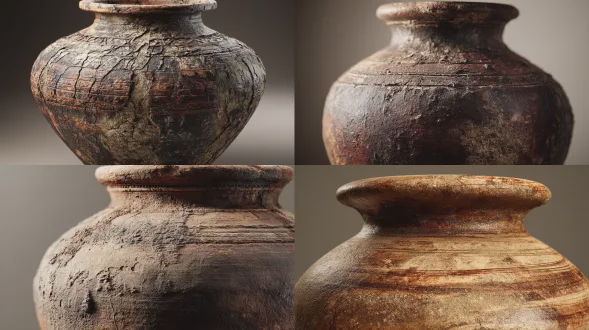 古老油壶特写，写实风格，高逼真3d渲染，陶瓷纹理清晰可见，表面光泽柔和，自然阴影渐变，博物馆级文物摄影，微距镜头，柔光箱照明，中性色调，哑光背景，静物构图，侧面45度光线，细腻质感，无反射，高分辨率，文物修复质感，土色系配色，历史沧桑感