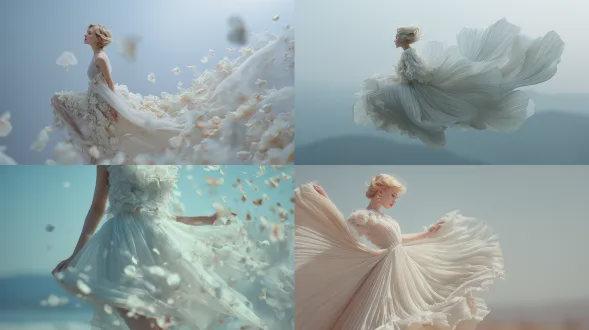 一位美丽的女子打扮得像花仙子，身着完全由精致花瓣制成的飘逸白色连衣裙，有着柔软优雅、带有自然褶皱的花瓣纹理，女子似乎轻柔地飘浮在半空中，营造出梦幻空灵的氛围，采用柔和的柔和色调调色板，背景朦胧模糊且有浅蓝色天空，具有超现实但逼真的摄影风格，运用电影般的柔和光线，浅景深，超精细、高度逼真，纹理精致，富有诗意，展现出优雅的女性化美学